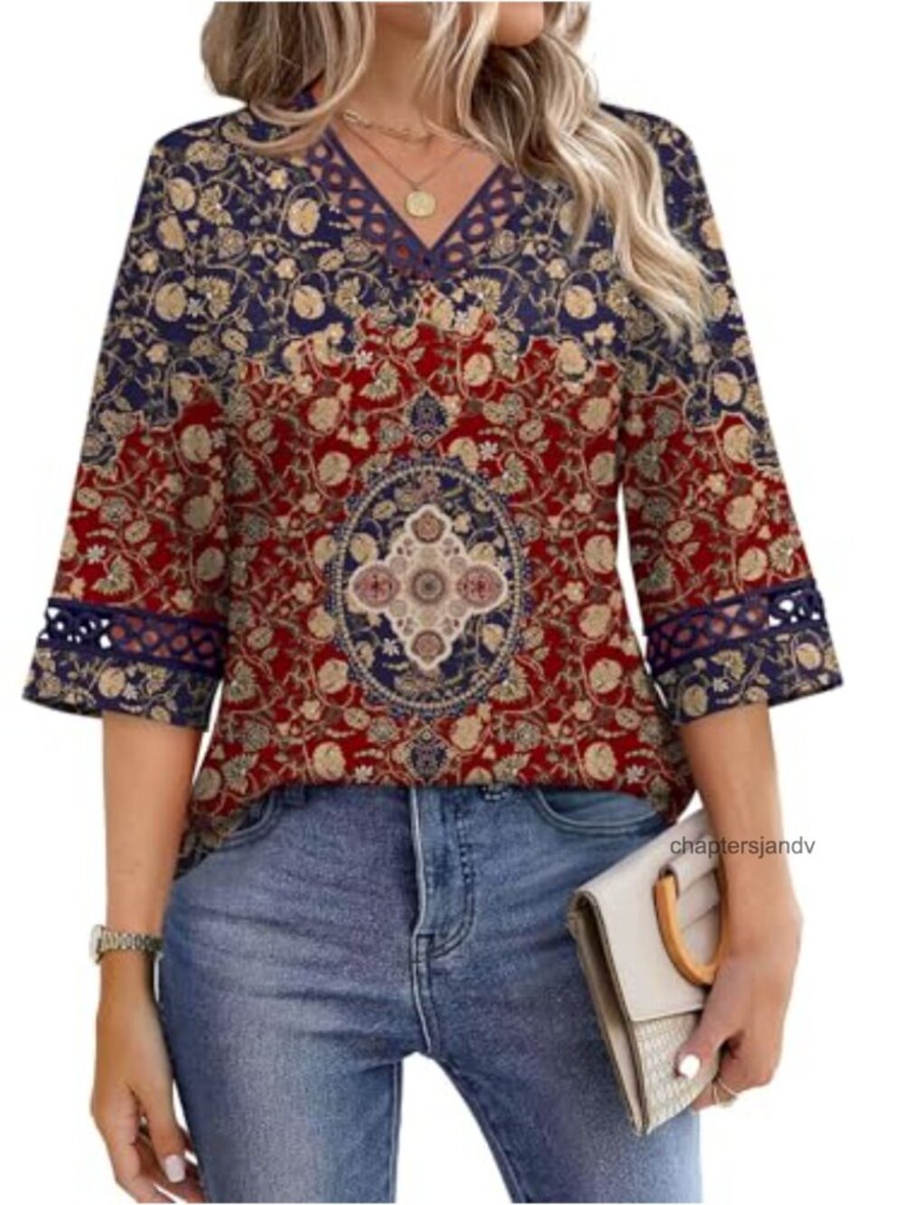 Eyelet Lace V Neck 3/4 Bell Sleeve Blouse Dressy Casual Work Shirt